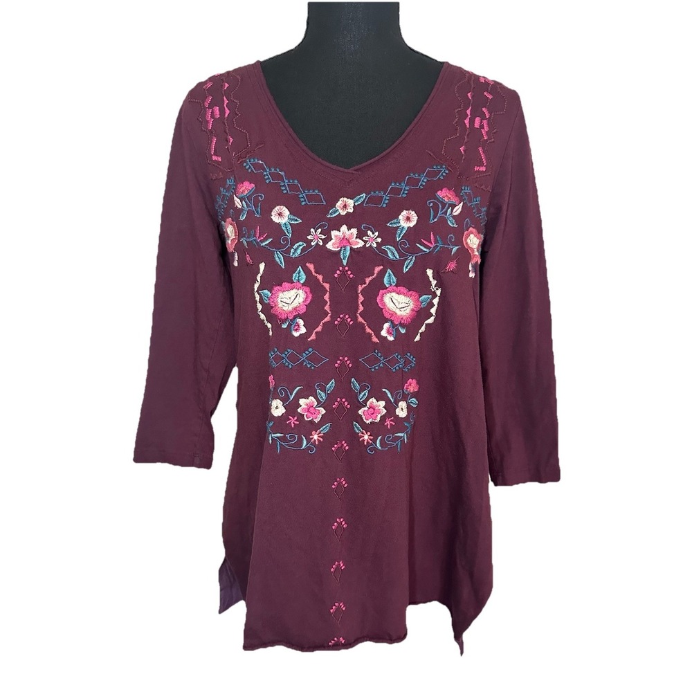 CAITE Women's SMALL‎ Burgundy Floral Embroidered Boho Tunic Blouse 3/4 Sleeve